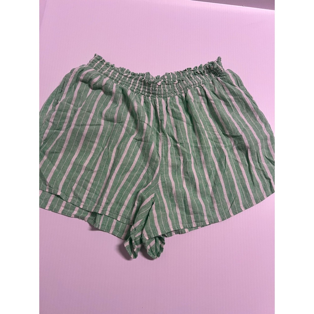 Aerie Green White Striped Smocked Waist Linen Blend Shorts Large Pockets Summer